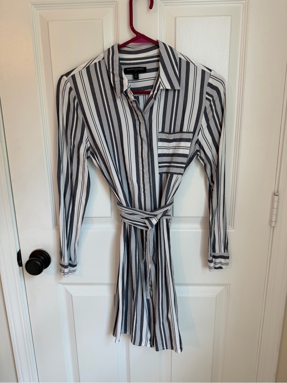 Banana Republic Black & White Striped Shirt Dress with Waist Tie